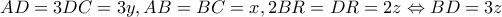 AD=3DC=3y,AB=BC=x,2BR=DR=2z\Leftrightarrow BD=3z