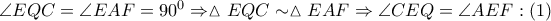 \angle EQC=\angle EAF={{90}^{0}}\Rightarrow \vartriangle EQC\sim \vartriangle EAF\Rightarrow \angle CEQ=\angle AEF:\left( 1 \right)