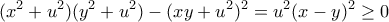 \displaystyle{(x^2+u^2)(y^2+u^2)-(xy+u^2)^2=u^2(x-y)^2\ge 0}