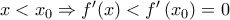 x<{{x}_{0}}\Rightarrow {f}'(x)<{f}'\left( {{x}_{0}} \right)=0