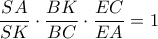\dfrac{SA}{SK}\cdot\dfrac{BK}{BC}\cdot \dfrac{EC}{EA}=1