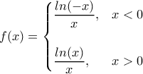 f(x)=\begin{cases}{\dfrac{ln(-x)}{x},&x<0 \\ \\ \dfrac{ln(x)}{x},&x>0}\end{cases} f(x)=\begin{cases}{\dfrac{ln(-x)}{x},&x<0 \\ \\ \dfrac{ln(x)}{x},&x>0}\end{cases}