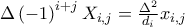 \Delta \left( -1\right) ^{i+j}X_{i,j}=\frac{\Delta ^{2}}{d_{i}}x_{i,j}