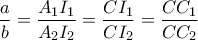 \dfrac{a}{b}=\dfrac{A_{1}I_{1}}{A_{2}I_{2}}=\dfrac{CI_{1}}{CI_{2}}=\dfrac{CC_{1}}{CC_{2}} \dfrac{a}{b}=\dfrac{A_{1}I_{1}}{A_{2}I_{2}}=\dfrac{CI_{1}}{CI_{2}}=\dfrac{CC_{1}}{CC_{2}}