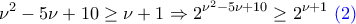 \displaystyle{\nu^2-5\nu+10\geq \nu+1\Rightarrow 2^{\nu^2-5\nu+10}\geq 2^{\nu+1}~\color{blue}(2)}