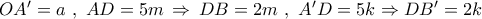 OA' = a\,\,,\,\,AD = 5m\, \Rightarrow \,DB = 2m\,\,,\,\,A'D = 5k \Rightarrow DB' = 2k