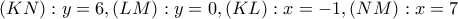 (KN):y=6,(LM):y=0,(KL):x=-1,(NM):x=7