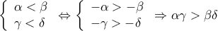 \left\{ \begin{array}{l} 
 \alpha  < \beta  \\  
 \gamma  < \delta  \\  
 \end{array} \right. \Leftrightarrow \left\{ \begin{array}{l} 
  - \alpha  >  - \beta  \\  
  - \gamma  >  - \delta  \\  
 \end{array} \right. \Rightarrow \alpha \gamma  > \beta \delta