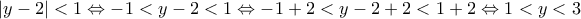 \displaystyle{\left| y-2 \right|<1\Leftrightarrow -1<y-2<1\Leftrightarrow -1+2<y-2+2<1+2\Leftrightarrow 1<y<3}