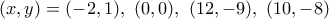 (x,y)=(-2,1), \ (0,0), \ (12,-9), \ (10,-8) (x,y)=(-2,1), \ (0,0), \ (12,-9), \ (10,-8)