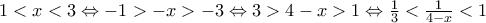 1<x<3\Leftrightarrow -1>-x>-3\Leftrightarrow 3>4-x>1\Leftrightarrow \frac{1}{3}<\frac{1}{4-x}<1