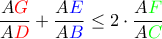 \dfrac{A\color{red}G}{A\color{red}D} + \dfrac{A\color{blue}E}{A\color{blue}B} \le 2\cdot \dfrac{A\color{green}F}{A\color{green}C} \dfrac{A\color{red}G}{A\color{red}D} + \dfrac{A\color{blue}E}{A\color{blue}B} \le 2\cdot \dfrac{A\color{green}F}{A\color{green}C}