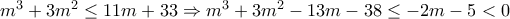 m^{3}+3m^{2}\leq 11m+33\Rightarrow m^{3}+3m^{2}-13m-38\leq -2m-5<0