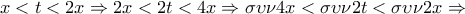 \displaystyle{x < t < 2x \Rightarrow 2x < 2t < 4x \Rightarrow \sigma \upsilon \nu 4x < \sigma \upsilon \nu 2t < \sigma \upsilon \nu 2x \Rightarrow } \displaystyle{x < t < 2x \Rightarrow 2x < 2t < 4x \Rightarrow \sigma \upsilon \nu 4x < \sigma \upsilon \nu 2t < \sigma \upsilon \nu 2x \Rightarrow }