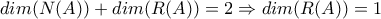 dim(N(A))+dim(R(A))=2\Rightarrow dim(R(A))=1 dim(N(A))+dim(R(A))=2\Rightarrow dim(R(A))=1