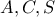 \displaystyle A,C,S