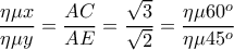 \dfrac{\eta \mu x}{\eta \mu y}=\dfrac{AC}{AE}=\dfrac{\sqrt{3}}{ \sqrt{2}}=\dfrac{\eta \mu 60^o}{\eta \mu 45^o}