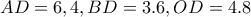 AD=6,4,  BD=3.6,  OD=4.8