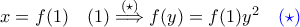 x=f(1)\quad (1)\stackrel{(\star)}\Longrightarrow f(y)=f(1)y^2\quad \color{blue}(\star)