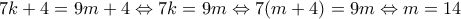 7k + 4 = 9m + 4 \Leftrightarrow 7k = 9m \Leftrightarrow 7(m + 4) = 9m \Leftrightarrow m = 14