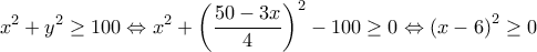\displaystyle x^2+y^2\geq 100\Leftrightarrow x^2+\left(\frac{50-3x}{4} \right)^2-100\geq 0\Leftrightarrow \left(x-6 \right)^2\geq 0