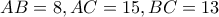 AB=8 , AC=15 , BC=13