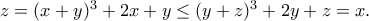 z=(x+y)^3+2x+y\leq (y+z)^3+2y+z=x.