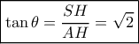 \boxed{\tan \theta = \frac{{SH}}{{AH}} = \sqrt 2 } \boxed{\tan \theta = \frac{{SH}}{{AH}} = \sqrt 2 }