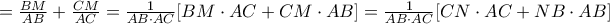 &Pi;=\frac{BM}{AB}+\frac{CM}{AC}&=\frac{1}{AB\cdot AC}[BM\cdot AC +CM\cdot AB]=\frac{1}{AB\cdot AC}[CN\cdot AC +NB\cdot AB]