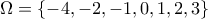 \displaystyle{\Omega=\left\{-4,-2,-1,0,1,2,3\right\}