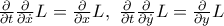 \frac{\partial}{\partial t} \frac{\partial}{\partial \dot{x}}L= \frac{\partial}{\partial x}L, \ \frac{\partial}{\partial t} \frac{\partial}{\partial \dot{y}}L= \frac{\partial}{\partial y}L \frac{\partial}{\partial t} \frac{\partial}{\partial \dot{x}}L= \frac{\partial}{\partial x}L, \ \frac{\partial}{\partial t} \frac{\partial}{\partial \dot{y}}L= \frac{\partial}{\partial y}L