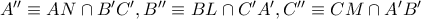 {A}''\equiv AN\cap {B}'{C}',{B}''\equiv BL\cap {C}'{A}',{C}''\equiv CM\cap {A}'{B}'