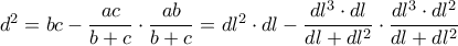  d^2=bc- \dfrac {ac}{b+c}  \cdot \dfrac {ab}{b+c} = dl ^2\cdot dl- \dfrac {dl^3\cdot dl}{dl+dl^2}  \cdot \dfrac {dl^3\cdot dl^2}{dl+dl^2} 