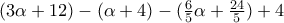 (3\alpha +12)-(\alpha +4)-(\frac{6}{5} \alpha +\frac{24}{5})+4 (3\alpha +12)-(\alpha +4)-(\frac{6}{5} \alpha +\frac{24}{5})+4
