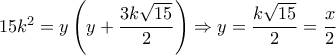 15{k^2} = y\left( {y + \dfrac{{3k\sqrt {15} }}{2}} \right) \Rightarrow y = \dfrac{{k\sqrt {15} }}{2} = \dfrac{x}{2}