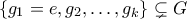\displaystyle{ \{g_1=e,g_2,\ldots,g_k\} \subsetneq G}