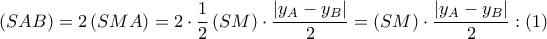 \left( SAB \right)=2\left( SMA \right)=2\cdot \dfrac{1}{2}\left( SM \right)\cdot \dfrac{\left| {{y}_{A}}-{{y}_{B}} \right|}{2}=\left( SM \right)\cdot \dfrac{\left| {{y}_{A}}-{{y}_{B}} \right|}{2}:\left( 1 \right)