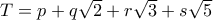 T=  p+q\sqrt 2+ r\sqrt 3+ s\sqrt 5 