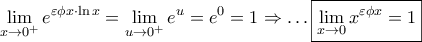 \displaystyle{
\mathop {\lim }\limits_{x \to 0^ + } e^{\varepsilon \phi x \cdot \ln x} = \mathop {\lim }\limits_{u \to 0^ + } e^u = e^0 = 1 \Rightarrow \ldots \boxed{\mathop {\lim }\limits_{x \to 0} x^{\varepsilon \phi x} = 1}
} \displaystyle{
\mathop {\lim }\limits_{x \to 0^ + } e^{\varepsilon \phi x \cdot \ln x} = \mathop {\lim }\limits_{u \to 0^ + } e^u = e^0 = 1 \Rightarrow \ldots \boxed{\mathop {\lim }\limits_{x \to 0} x^{\varepsilon \phi x} = 1}
}