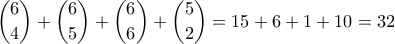 \displaystyle \binom{6}{4} + \binom{6}{5} + \binom{6}{6} + \binom{5}{2} = 15+6+1+10 = 32