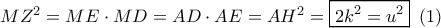 M{Z^2} = ME \cdot MD = AD \cdot AE = A{H^2} = \boxed{2{k^2} = {u^2}}\,\,\left( 1 \right)