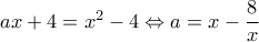 ax+4=x^2-4 \Leftrightarrow a=x-\dfrac{8}{x}