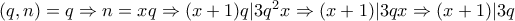 (q,n) = q \Rightarrow n = xq \Rightarrow (x+1)q|3q^2x \Rightarrow (x+1)|3qx \Rightarrow (x+1)|3q