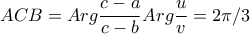 \displaystyle{ACB=Arg\frac{c-a}{c-b}Arg\frac{u}{v}=2\pi /3}