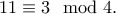 \displaystyle{11\equiv 3\mod 4.}