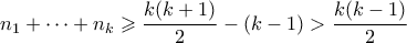 \displaystyle{ n_1 + \cdots + n_k \geqslant \frac{k(k+1)}{2} - (k-1) > \frac{k(k-1)}{2} }