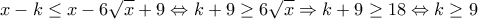  \displaystyle x - k \le x - 6\sqrt x  + 9 \Leftrightarrow k + 9 \ge 6\sqrt x  \Rightarrow k + 9 \ge 18 \Leftrightarrow k \ge 9