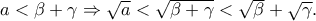 a<\beta +\gamma \Rightarrow \sqrt{a}<\sqrt{\beta +\gamma }<\sqrt{\beta }+\sqrt{\gamma }.