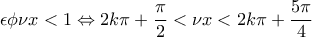 \displaystyle{\epsilon \phi \nu x< 1 \Leftrightarrow  2k\pi +\frac{\pi}{2} <\nu x <2k\pi +\frac{5\pi}{4}}