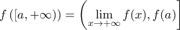 \displaystyle{f\left([a,+\infty)\right)=\left(\lim_{x\to +\infty}f(x),f(a)\right]}